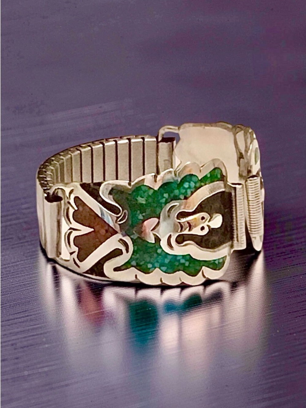 Men’s Sterling Navajo Turquoise/Coral Inlay Thunderbird Tips/Band Signed SD - Picture 3 of 14